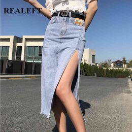 Summer Side Split Women's Long Denim Skirts with Belted Vintage High Wasit Straight Female A-line Jeans Skirt 210428