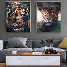 Lion and Tiger Canvas Art Posters And Prints Creative Animals with Plant Leaves Canvas Painting On the Wall Art Picture Decor