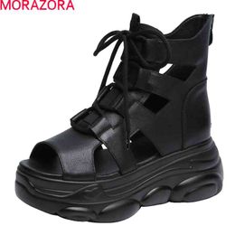 MORAZORA Genuine Leather Sandals Women Fashion Thick Bottom Ladies Casual Shoes Summer Lace Up Black Color Sandals 210506