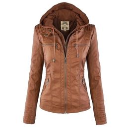 Gothic Faux Leather Jacket Women Khaki Winter Motorcycle Jacket Hoodies Outerwear Faux Leather PU Basic Jacket Coat 211112