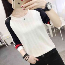 Girls Hollow Breathable Knitted Sweater Women Loose Round Neck Color Matching Cropped Sleeves Pullover Jumper Female Spring 210427