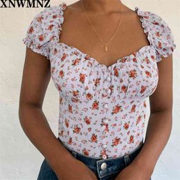 Women Sweetheart Neckline Button Up Crop Top with Puff sleeves Little Daisy Blouse Elastic back tops 210520