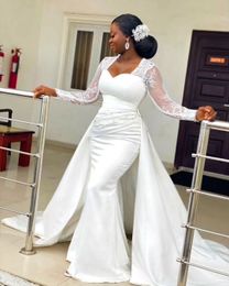 Lace Long Sleeve Mermaid Wedding Dresses 2021 African Plus Size Aso Ebi Sweetheart Stain Bridal Gowns vestidos de novia