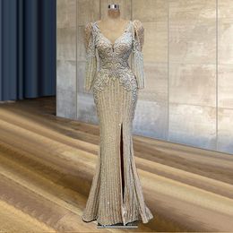 Glitter Mermaid Side Split Evening Dresses V Neck Long Sleeve Lace Appliqued Beaded Special Occasion Prom Gowns 2024 Plus Size