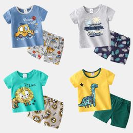 Summer 2 3 4 6 8 10 Years Cartoon Animal Print T-Shirt + Shorts Handsome 2 Pcs Casual Cotton Sets For Kids Baby Boys 210529