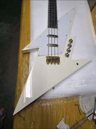 Custom White Abstract Bolt Buzzsaw 4 Strings Electric Bass Guitar 23 Frets, Rare Shaped Body, Star Inlay, Gold Hardware