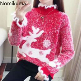 Nomikuma Christmas Sweater Women Half Turtleneck Long Sleeve Pullovers Autumn Contrast Colour Jumpers Sueter Mujer 3d730 210514