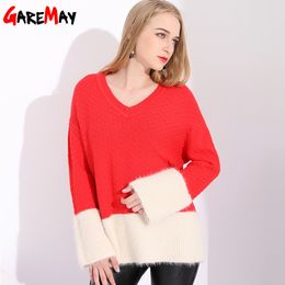 Women's Mohair Knitted Sweater Female Womens Oversized Sweaters And Pullovers V Neck Loose Patchwork Red 210428