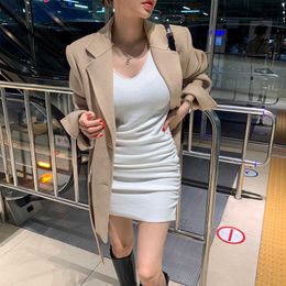 WOMENGAGA Korea Spring Pleated Short Sleeve V-neck Slim Sexy Bottomed T Shirt Mini Dress TLP9 210603