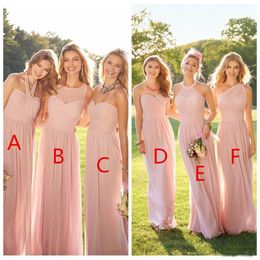 2021 Cheap Pink Pleated Long Lace Chiffon Bridesmaid Dresses Mixed Style Blush Bridesmaid Formal Honour Of Maid Ruffles Custom Wear Party Gowns