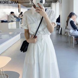 Korejpaa Women Dress Sets Korea Chic Summer Simple Loose Solid Color Lapel Shirt and High Waist A Skirt Two-piece Suit 210526