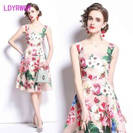 LDYRWQY style Korean temperament fashion slim sling print sexy square neck dress Polyester Office Lady summer 210416
