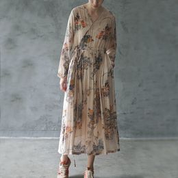 Johnature Women Vintage Dress High Quality Print Floral Robes Chinese Style Belt Autumn V-Neck Long Sleeve Women Dress 210521