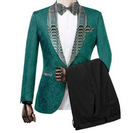 Gwenhwyfar Teal Green Pattern Jacket Black Pants High Quality New Style Suit Wedding Bridegroom Blazer Party Prom Tuxedos X0909