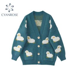 Cute Sheep Printting Knitted Women Sweater Cardigans Single Breasted Long Sleeve Cardigans Korean Style Loose Sweater Tops 210417