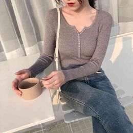 Knitted Sweater Winter Clothes Women Tops Autumn Korean-Style V-neck Long Sleeve Pullover Slim Sexy Stretch 906A 210420