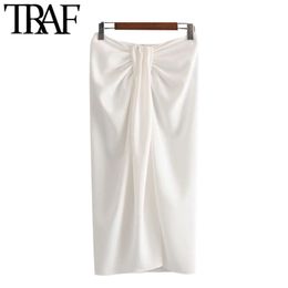 TRAF Women Chic Fashion Office Wear Knotted Wrap Midi Skirt Vintage High Waist Back Zipper Slit Female Skirts Faldas Mujer 210415