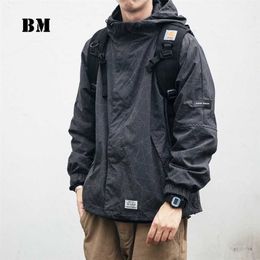 Spring Japanese Streetwear Hoodie Storm Suit High Quality Hip Hop Striped Jacket Harajuku Men'S Clothing Cargo Coat Male 211214