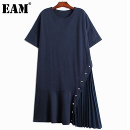 [EAM] Women Irregular Spliced Pearl Pleated Chiffon Dress Round Neck Short Sleeve Loose Fit Fashion Spring Summer 1DD8191 21512