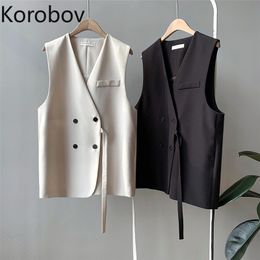 Korobov Korean Office Lady Blazer Women Sleeveless V Neck Double Breasted Vintage Solid Blazers Coat New Arrival Jackets Vest 210430