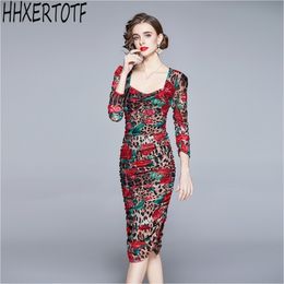 spring Summer sexy women Leopard rose Floral Printed Mesh Sheath Dress Square Collar Pack hip Puff Sleeve 210531