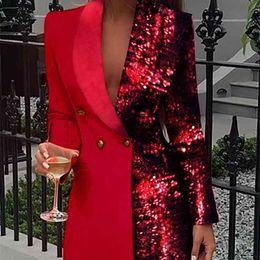 Women Elegant Work Wear Fashion Club Dresses Female Colorblock Sequins Long Sleeve Blazer Mini Party Dress Free 210525