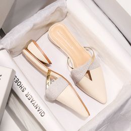 2022 Frauen Hausschuhe Niedrige Fersen Slide Sandalen Plattform Slipper Chunky Heel Spitz Schuhe Sommer geprägte Fersenhöhe 3 cm