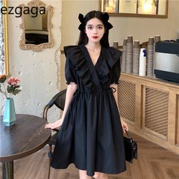 Ezgaga Korean Fashion Mini Dress Women Short Puff Sleeve V-Neck Ruffles High Waist Drawstring Solid Loose Chic Ladies Elegant 210430