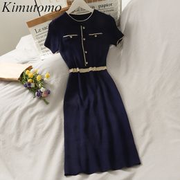 Kimutomo Vintage Colorblock Abiti lavorati a maglia Donna Stile francese Primavera Autunno Donna O-Collo Manica corta Vestido Feminino 210521