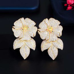 Shiny CZ Flower Drop Luxury Long Big Earrings for Women African Dubai Gold Colour Bridal Wedding Costume Jewellery CZ907 210714