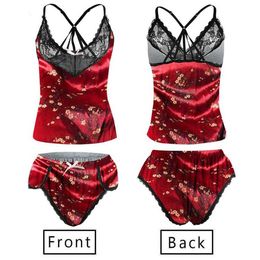 DUOBLA pijamas women Sets pijama Summer sleepwear shorts Pajamas Lace Silk red Sexy V-Neck Lingerie Camisole tops nightgown Q0706