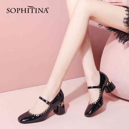 SOPHITINA Sweet Style Mary Janes Shallow Square Toe Bright Leather Buckle Strap Med Square Metal Heel Dress Shoes PO1080 210513