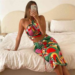 Foridol Geomatrical Print Sexy Summer Dress Set Women Sleeveless Colorful Midi Club Party Beach Bodycon 210415