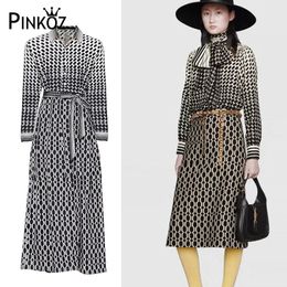 designer style turn down collar maxi plaid printed long sleeve party casual dress for women robe mujer de femme vestidos 210421