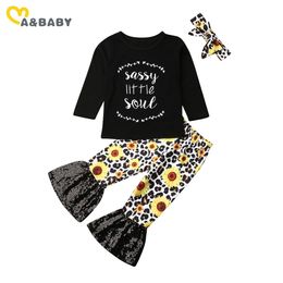 0-3Y Toddler born Infant Baby Girl Flower Clothes Set Letter Long Sleeve T shirt Sunflower Sequins Flare Pants Autumn Outfits 210515