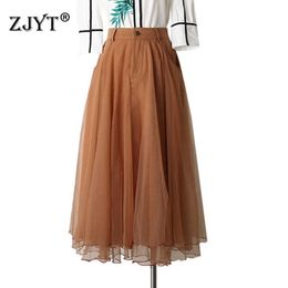 Spring Runway Fashion High Waist Denim Patchwork Midi Mesh Party Casual Skirts Womens Clothing Elegant Lady 210601