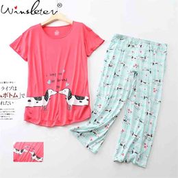 Dachshund Printed Pyjamas for Women Knitted Sleepwear 2 Pcs Set Plus Size 3XL Short Sleeve Lounge Thin Summer T13809A 210830