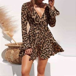 Summer Chiffon Dress Women Leopard Print Boho Beach Dresses Casual Ruffle Long Sleeve A-line Mini Party Dress Vestidos 210518