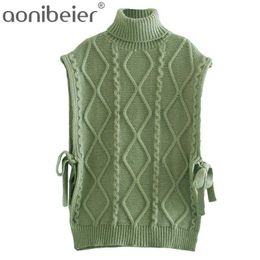 Women Cable-Knit Sweater Vest High-Neck Loose Warm Chic Woman Knitted Sweaters Casual Fashion Pullover Tops 210604