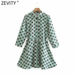 Women Vintage Floral Geometric Print Sashes Shirtwaist Dress Female Chic Breasted Casual Kimono Mini Vestido DS8167 210420