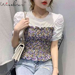 Summer Korean Clothes Cotton T-Shirt Sexy Drape Fake Two Piece Floral Women Tops Short Sleeve All Match Tees T12820A 210421