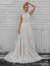 Lace Boho Wedding Dresses Beach Bridal Gown High Neck Covered Buttons Illusion Back Sweep Train Sleeveless Custom Made Plus Size Vestido De Novia