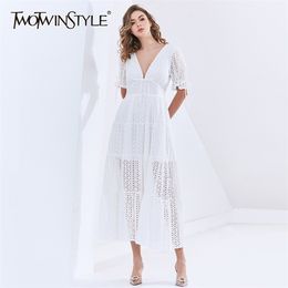 Hollow Out Lace Up Bowknot Dress For Women V Neck Short Sleeve High Waist Elegant Dresses Female Fashion 210520