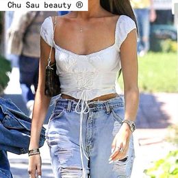 Fashion Elegant Cap Sleeve Women Crop Top Vintage Centre Bandage Cross Blouses Female Retro White Shirt 210514