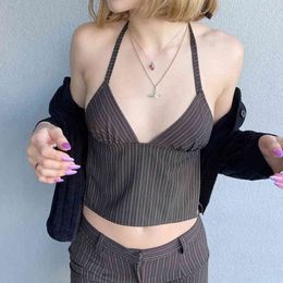 Brown Striped Y2k Halter Camis Crop Tops For Girls Summer Clothes For Women V Neck Sleeveless Shirt Tee Backless Tank Female 210415