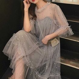 Elegant Mesh Sequins Dress Vintage Lace Women Long Sleeve Fairy Spring French Designer Clothes Korean 210604