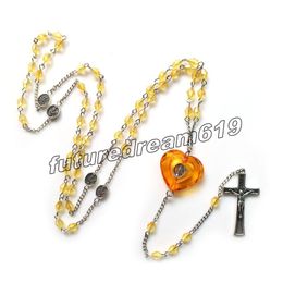 Yellow Crystal Rosary Necklace Religious Long Cross Pendant Neckalce For Women