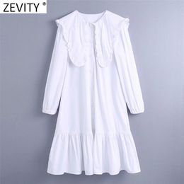 Women Sweet Big Peter Pan Collar Hem Pleat Ruffles White Shirtdress Female Agaric Lace Vestidos chic Dresses DS4957 210416