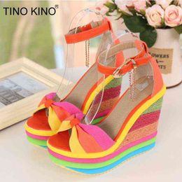 Women Sandals Wedges Rainbow Shoes Girls Colourful Platform Colours Bow Knot Hemp Bottom Female Ankle Buckle Strap Ladies Summer 220315