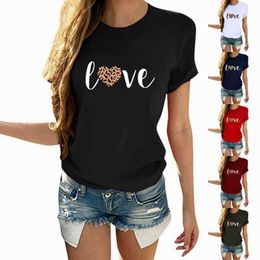Women's T-Shirts Streetwear Shirt Short Sleeve O Collar Ladies Tops Tees Fashion Leopard Love Printed Letter T-shirt Black Red X0628